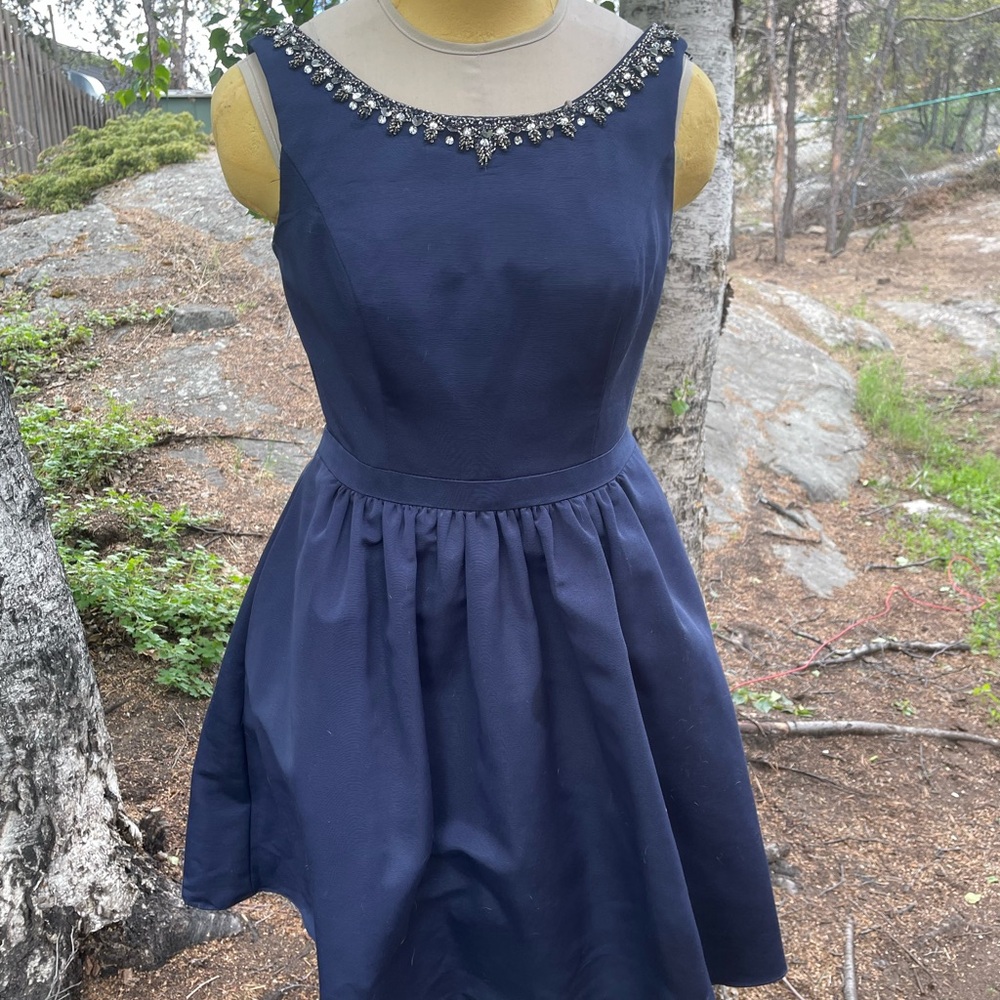 Elegant Navy Blue Dress with Embellished Neckline